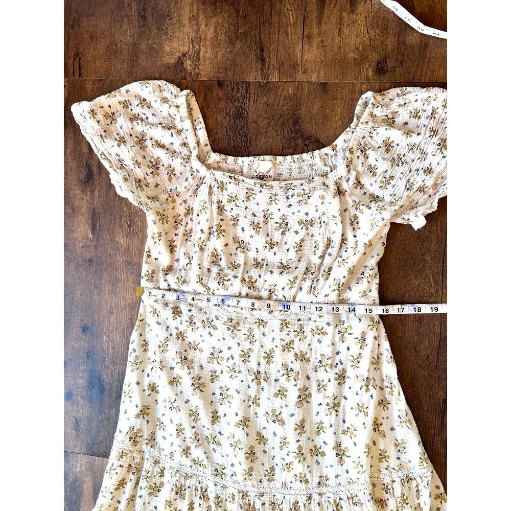 Women’s Cream Rustic Ditsy Floral Print Cottagecore Smocked Prairie Midi Dress - Picture 5 of 7